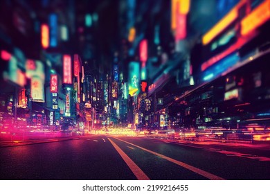 Abtract Colorful Futuristic Night City Background, Tokyo, Neon Signs, Long Exposure Lights, 3d Render, 3d Illustration