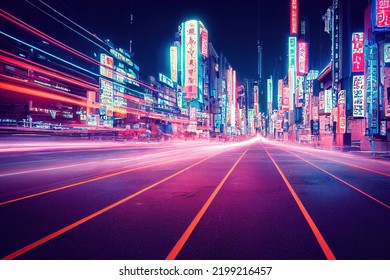 Abtract Colorful Futuristic Night City Background, Tokyo, Neon Signs, Long Exposure Lights, 3d Render, 3d Illustration