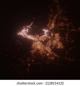 Abu Dhabi (UAE) Street Lights Map. Satellite View On Modern City At Night. Imitation Of Aerial View On Roads Network. 3d Render, High Resolution