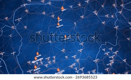 Abuja map big data visualization. Futuristic map infographic of city in Nigeria. Visual map data complexity in modern blue and orange colors. 3D Illustration