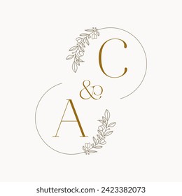 AC Logo initials wedding monogram logo design in simple brown circle leaf frame