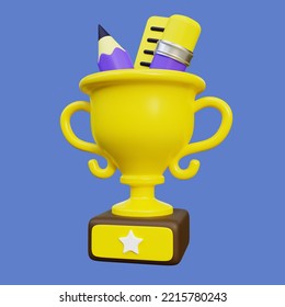 Academic Competition 3D Illustration. Math Olympiad Trophy Competition 3D Render on Blue Background, suitable for education related design