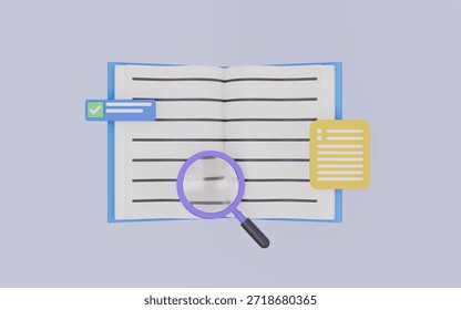 Academic knowledge studying textbook dictionary library guide, Reading searching information bookmark magnifying glass