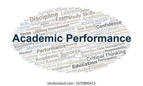 Academic Performance Word Cloud. Composition Of Terms Related To Education, Grades, Knowledge, Skills, Study Habits, Motivation, And Student Achievement.