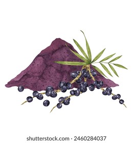 Acai berries superfood, diet powder and palm leaves. Fresh tropical berries and dried pulp set. Watercolor illustration for printing, packaging, cosmetics, granola, smoothie, supplements, labels - Powered by Shutterstock