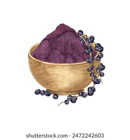 Acai berries superfood, powder in a wooden bowl and palm leaves. Exotic tropical berries clipart. Watercolor illustration for printing, packaging, cosmetics, granola, smoothie, supplements, labels - Powered by Shutterstock