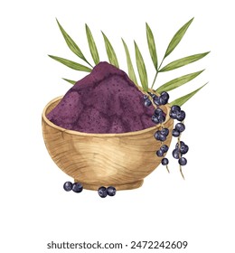 Acai berries superfood, powder in a wooden bowl and palm leaves. Exotic tropical berries clipart. Watercolor illustration for printing, packaging, cosmetics, granola, smoothie, supplements, labels - Powered by Shutterstock