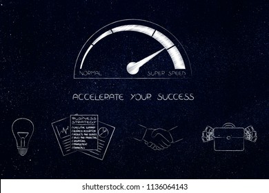 Accelerate Your Success Conceptual Illustration: Speedometer With Business Icons Below