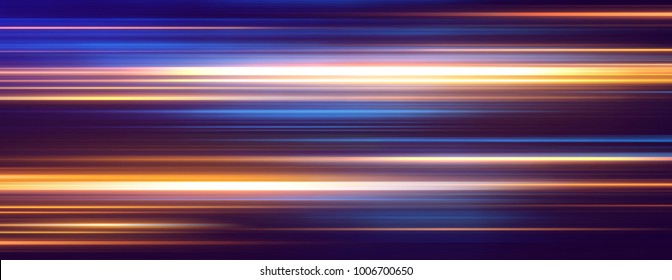 Acceleration Speed Motion On Night Road. Light And Stripes Moving Fast Over Dark Background. Abstract Colorful Illustration.