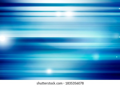 Acceleration Speed Motion On Night Road. Light And Stripes Moving Fast Over Dark Background. Abstract Blue Illustration.