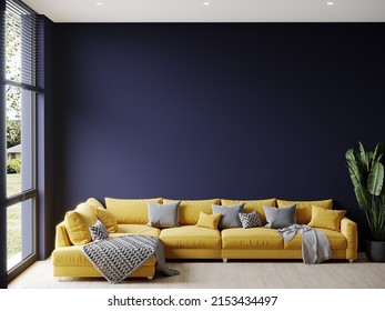 Accent lounge area in a large living room. Blue yellow colors. Empty dark blue wall and bright yellow ocher mustard sofa. Mockup modern interior design. 3d rendering