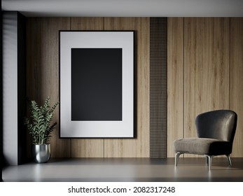 Accent Wall For The Picture Or Art. Large Vertical Black Frame On Wood Veneer With Multiple Panels. Sun Light And A Chair In The Gallery Or Living Room. 3d Rendering