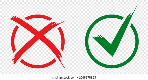 Acceptance and rejection symbol buttons for vote, election choice. Circle brush stroke borders. Symbolic OK and X icon isolated on white.Tick and cross signs, checkmarks design