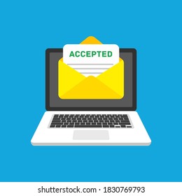 Accepted Email In Envelope. Laptop And Envelope With Accepted Header, Subject Line. Marketing, Internet Advertising Concepts. Message Of College Acceptance Admission Or Employment. 