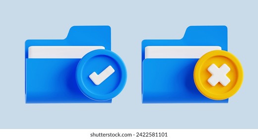 Accepted and Failed Folder icon 3d . Concept of folder document file data success and failure uploaded on isolated on light Blue background . 3d Rendering