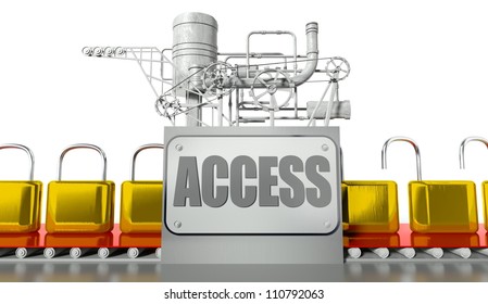 Access concept, open and closed padlocks with machine