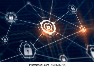 Access control and cyber security concept. Padlocks and locks on virtual digital screen. Data and information protection protocol. Secure connection.