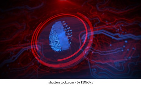 Access Control. Fingerprint Security. Cybersecurity And Information Technology. Blue, Red Background With Digital Integrated Network Technology. Printed Circuit Board. Technology Background. 