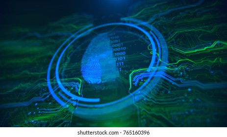 Access Control. Fingerprint Security. Cybersecurity And Information Technology. Blue, Green Background With Digital Integrated Network Technology. Printed Circuit Board. Technology Background.