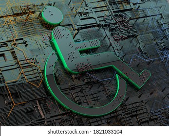 Access In Online Internet Website And Technology Applied To People With Disabilities And Handicap.Accessibility Icon With Wheelchair And Technology Abstract Background.3d Illustration.