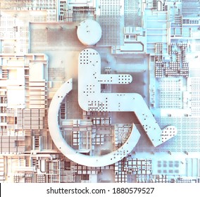 Access In Online Internet Website And Technology Applied To People With Disabilities And Handicap.Accessibility Icon With Wheelchair And Technology Abstract Background.3d Illustration.