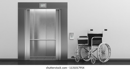 Accessibility for disabled. Wheelchair empty and elevator with open doors. 3d illustration