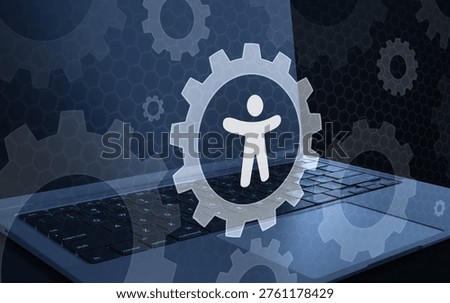Accessibility and user settings 3D graphic featuring a gear icon with a human figure symbol on a laptop background representing inclusive design configuration person profiles individual preferences and human centered technology management for digital platforms