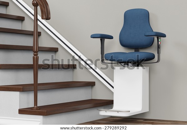 Accessible housing with stairlift on stairs in\
a house (3D\
Rendering)
