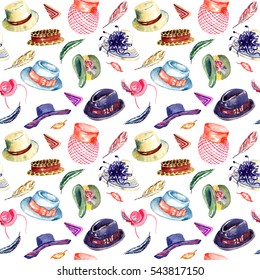 Accessories seamless pattern (hats and feathers), hand painted watercolor illustration