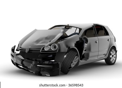 An Accident With A Black Car Isolated On White