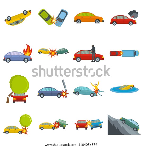 Accident car crash\
case icons set. Flat illustration of 16 accident car crash case\
icons isolated on\
white