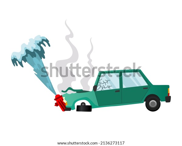 Accident on road car damaged. Road insurance case\
accident. Car crash symbol icon. Damaged vehicle insurance. Auto\
crashed into a fire hydrant. Not recoverable. Advertising an\
insurance\
company