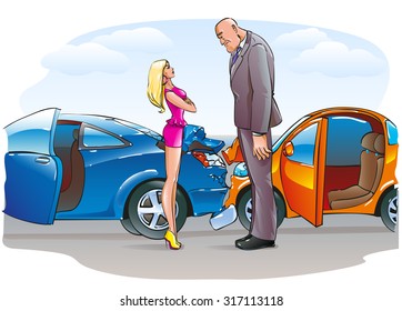 Accident Two Cars And A Big Blue Little Orange On The Road In The City Drivers Blonde Woman And A Large Bald Man In A Small Car Find Out The Relationship Talking About Insurance