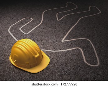 Accident At Work. A Helmet Over The Dead Body Outline.