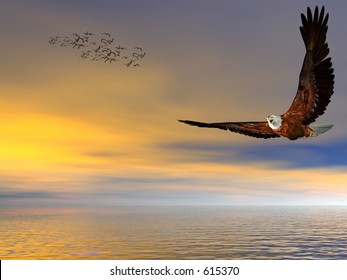 Accipitridae, the american bald eagle flying over the ocean, clear blue sky and puffy clouds and seagulls in the background, room provided for copy space.  3D render.
