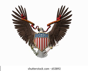 Accipitridae, the american bald eagle, united states seal. 3D render, illustration over white. Out of many, one.  E pluribus unum.