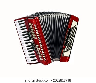 Accordion Keyboard, Musical Instrument, Realistic Drawing, Isolated Image On White Background