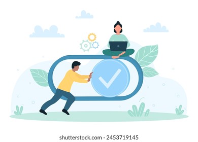 Account profile, customization of user interface menu illustration. Cartoon tiny man moving slider to right on button with check mark, people customize, control and edit digital settings