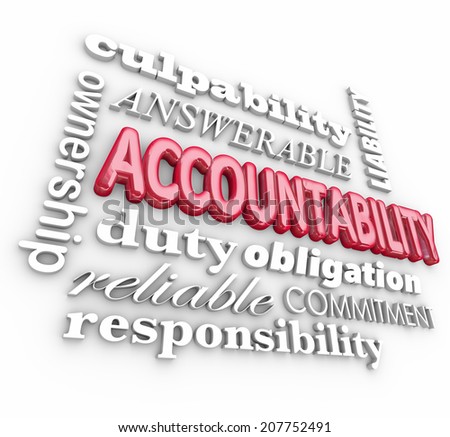 Accountability 3d word background with terms such as answerable, ownership, commitment, duty, obligation, reliability and responsibility