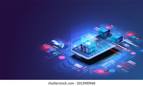 Accounting, big data, blockchain technology isometric, mobile phone data visualization. Digital blocks or cubes constructs database. Blockchain fintech technology and mining cryptocurrency.  