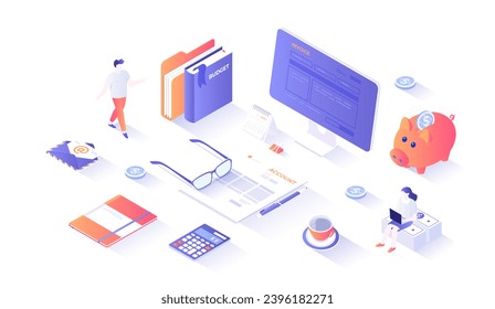 Accounting, bookkeeping, calculation. Bill, tax, receipt payment. Account form, documents, calculator, money. Isometry illustration with people scene for web graphic.	
 - Powered by Shutterstock