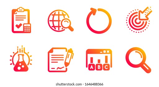 Accounting Checklist, Internet Search And Signing Document Line Icons Set. Loop, Chemistry Lab And Targeting Signs. Survey Results, Research Symbols. Calculator, Web Finder. Technology Set.