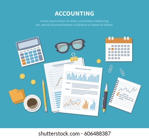  Accounting concept. Financial analysis, analytics, data capture, planning, statistics, research. Documents, forms, charts, graphs, calendar, calculator, notebook, coffee, pen on the table. Top view.