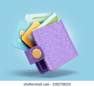 Ð¡oncept Of Accumulation Of Funds In The Wallet With Credit Card And Bills 3d Render Illustration On Blue Background