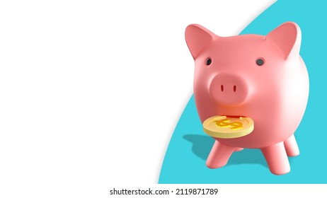 Accumulation Of Personal Wealth. Preservation And Increase Of Wealth. Bulk Moneybox For Your Coins. Place For Text On White. Bank Deposit Metaphor. Coin In Teeth Of Piggy Bank. 3d Rendering.