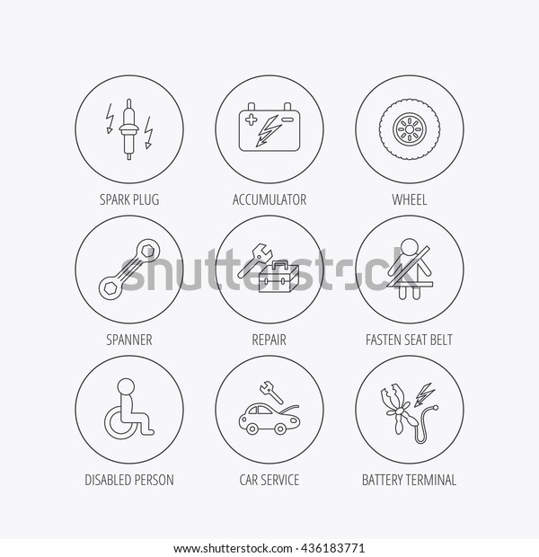 Accumulator, spanner tool\
and car service icons. Repair toolbox, wheel and spark plug linear\
signs. Disabled person, battery terminal icons. Linear colored in\
circle edge\
icons.