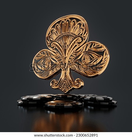 Ace and poker chips, stack of silver poker chips under gold play card icon with traditional motif, black background. Take risks in the casino, win. 3d rendering