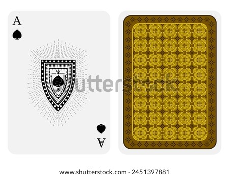 Ace of spades face with spades inside shield frame and back with gold brown texture suit. Playing card template