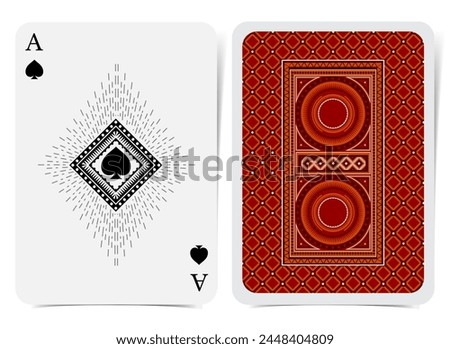 Ace of spades face with spades inside square frame and back with red suit. Playing card template