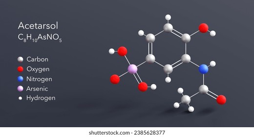 acetarsol molecule 3d rendering, flat molecular structure with chemical formula and atoms color coding